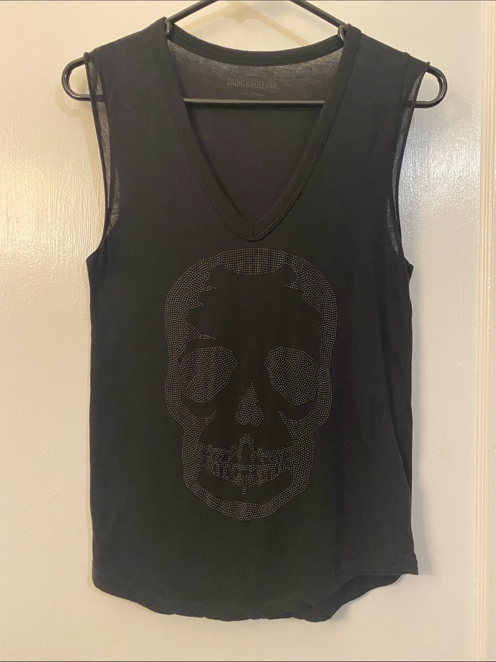 Zadig & Voltaire Brooklyn Strass Black V-Neck Rhinestone Skull Tank Small